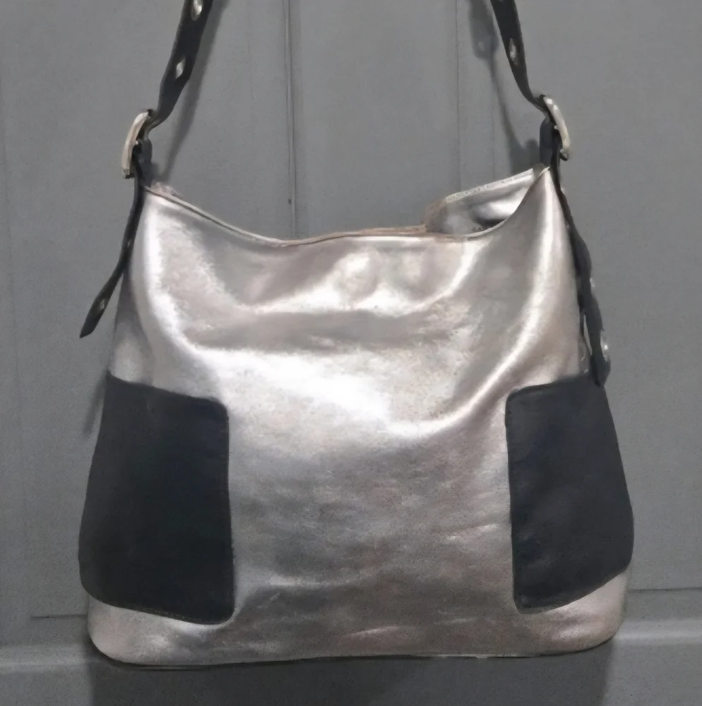 Silver and Black Leather Hobo Bag Purse